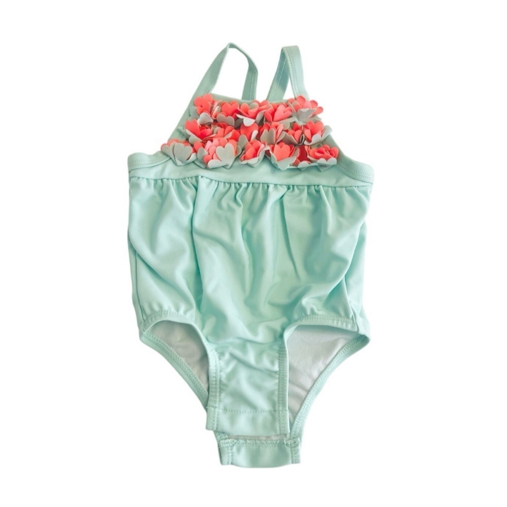 Cat & Jack Baby Girl 6-9 MTHS Mint Green One Piece w/Pink Flowers - Like New
